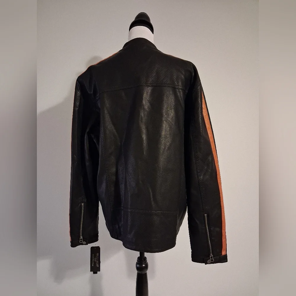 Men's Black Faux Leather Jacket with Striped Sleeves Size XL - Picture 2 of 16